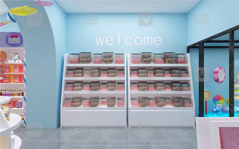 Красочная подставка для леденцов самостоятельной сборки голубой сладкий магазин украшение круглые деревянные корзины конфет на заказ акриловая витрина полка продажи