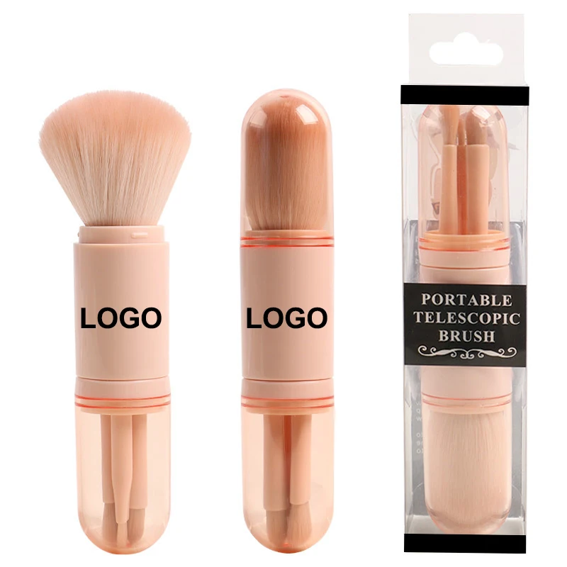 4 in 1 Make Up Brush Beauty Tool Mini Travel Eye Blending Pink Retractable Portable Makeup Brush Set With Holder