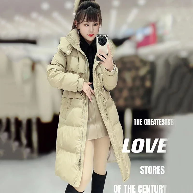 Korean New Winter Mid Length Long Loose Thickened Hooded Cinched Waist Outer Wear White Duck Down Coat Jackets for Women