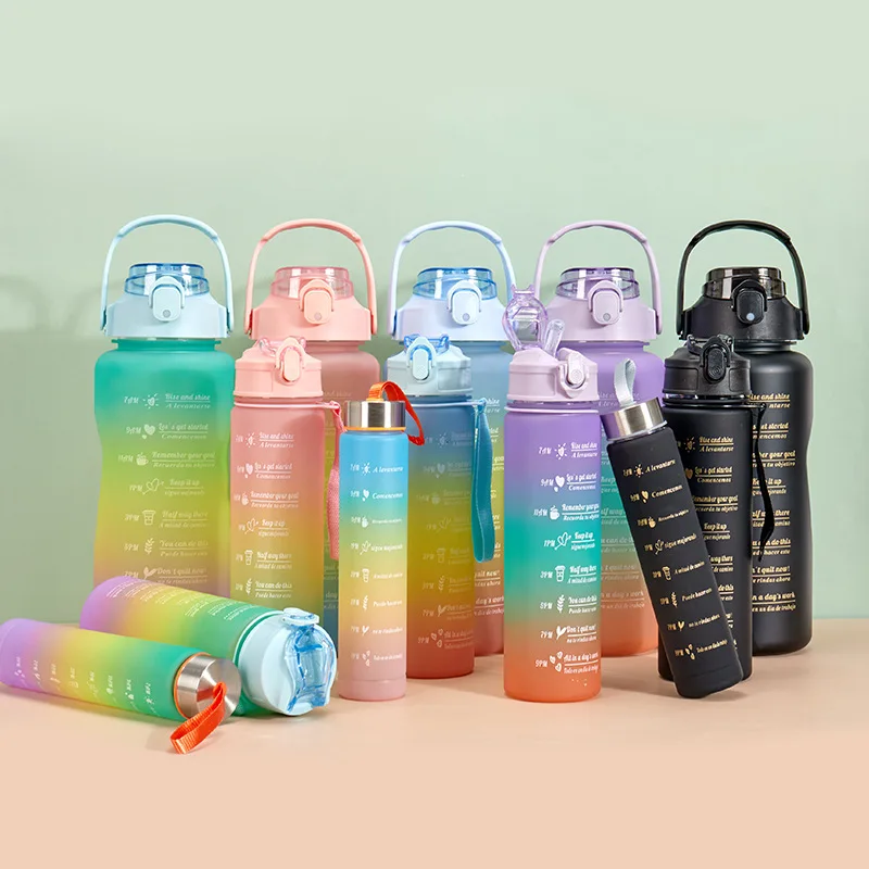 Gradient color 3pcs set plastic water bottle 2000ml 64oz jug with motivational and time marker half gallon water bottle OEM ODM