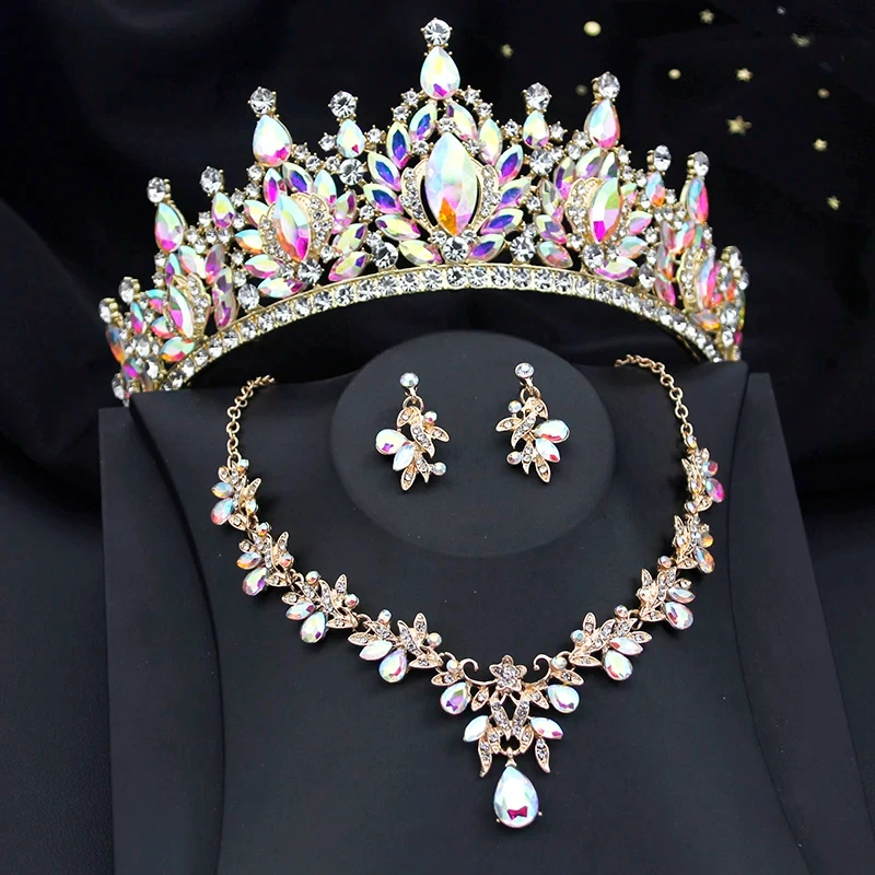 LUOXIN Luxury Tiaras Crown Necklace Earrings Baroque AB Crystal Water Drop Bridal Jewelry Sets