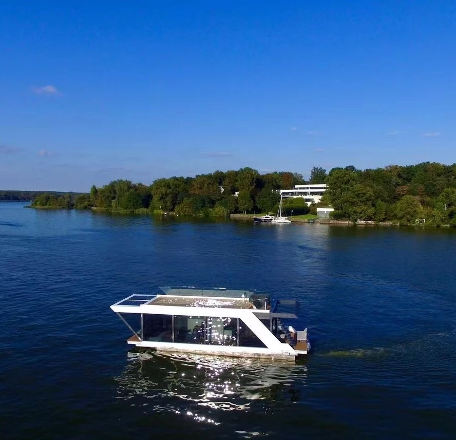 Allhouse Houseboat Floating Pontoon Boat with 2 Bedrooms Kitchen Amusement Park with Solar Panels Engine Marine Used Houseboat