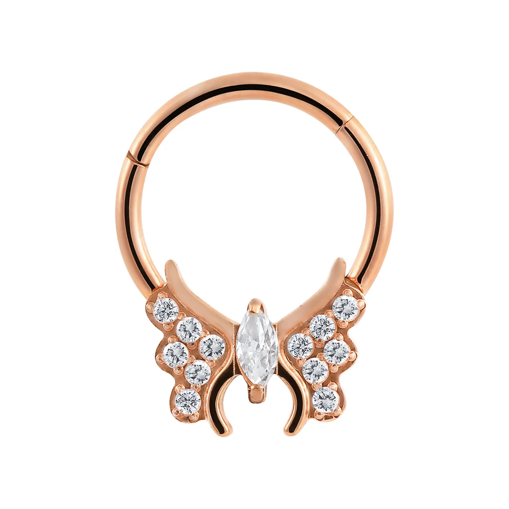 Superstar titanium septum welded butterfly both sides wings zircon marquise shape nose segment ring clicker piercing jewelry