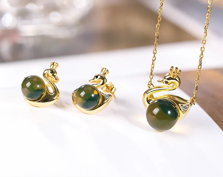 
RFJEWEL Wholesale Fashion S925 sterling silver Mexican blue amber chain light luxury Swan stud sweater chain set 