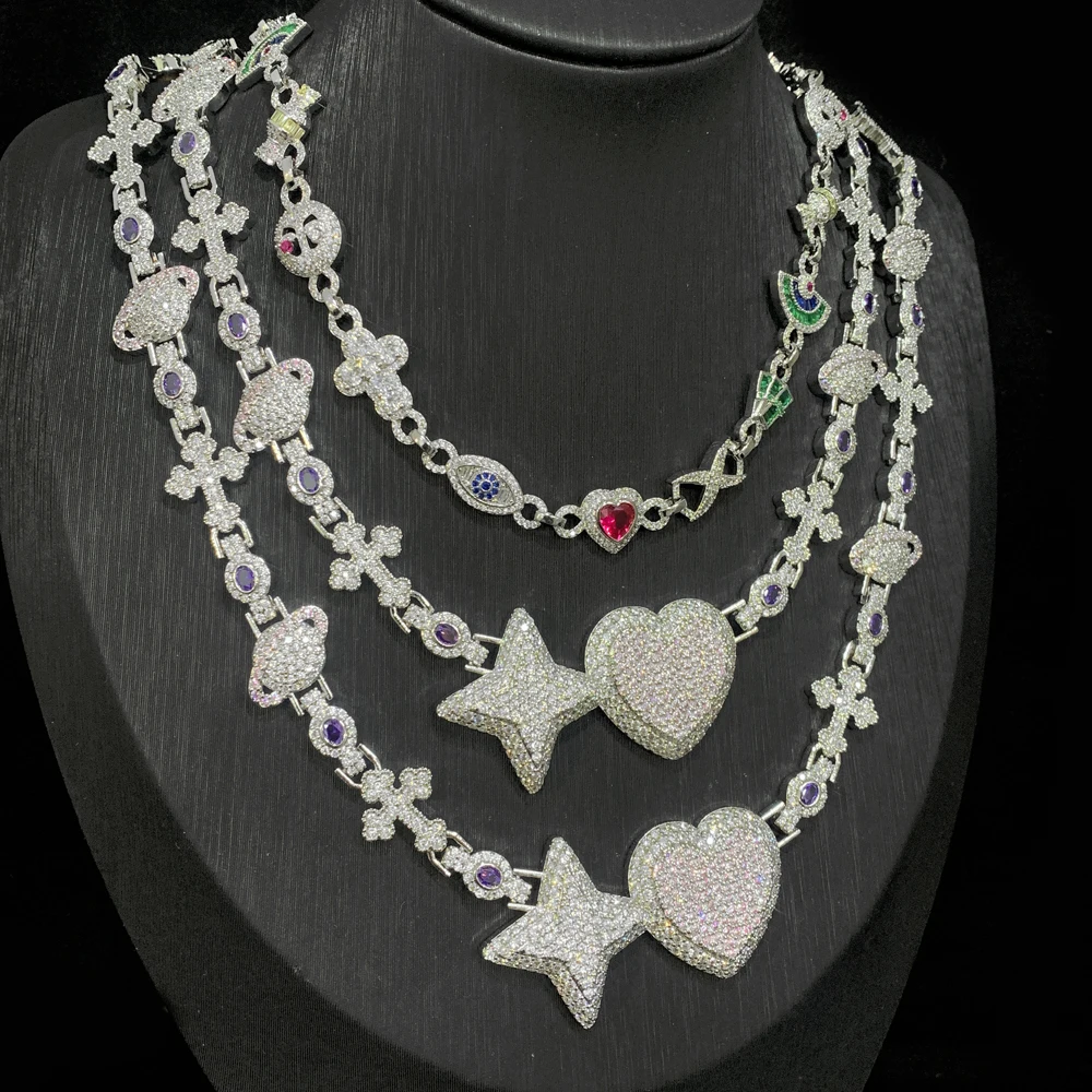 New Arrived Iced Out Bling Men Jewelry Rhodium Plated Cross Star Heart Earth Various Charms Link Chain Hip Hop Necklace