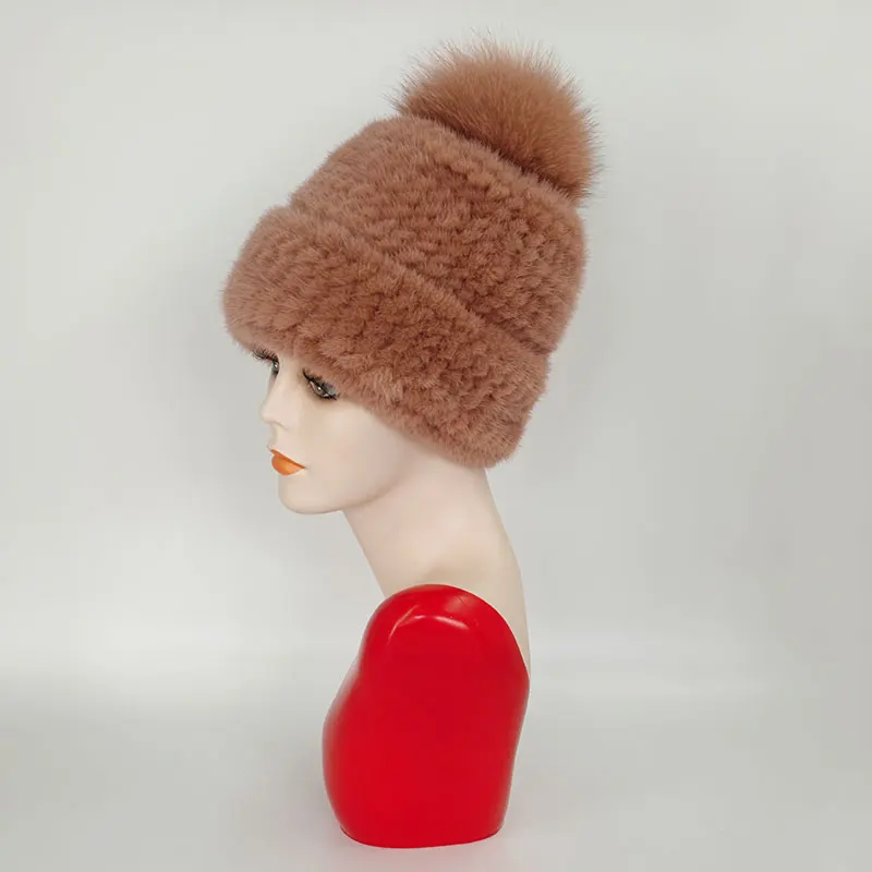 Mink Fur Knit Hat Fur Hat With Fox Fur Ball For Women Winter Warm Mink Hat