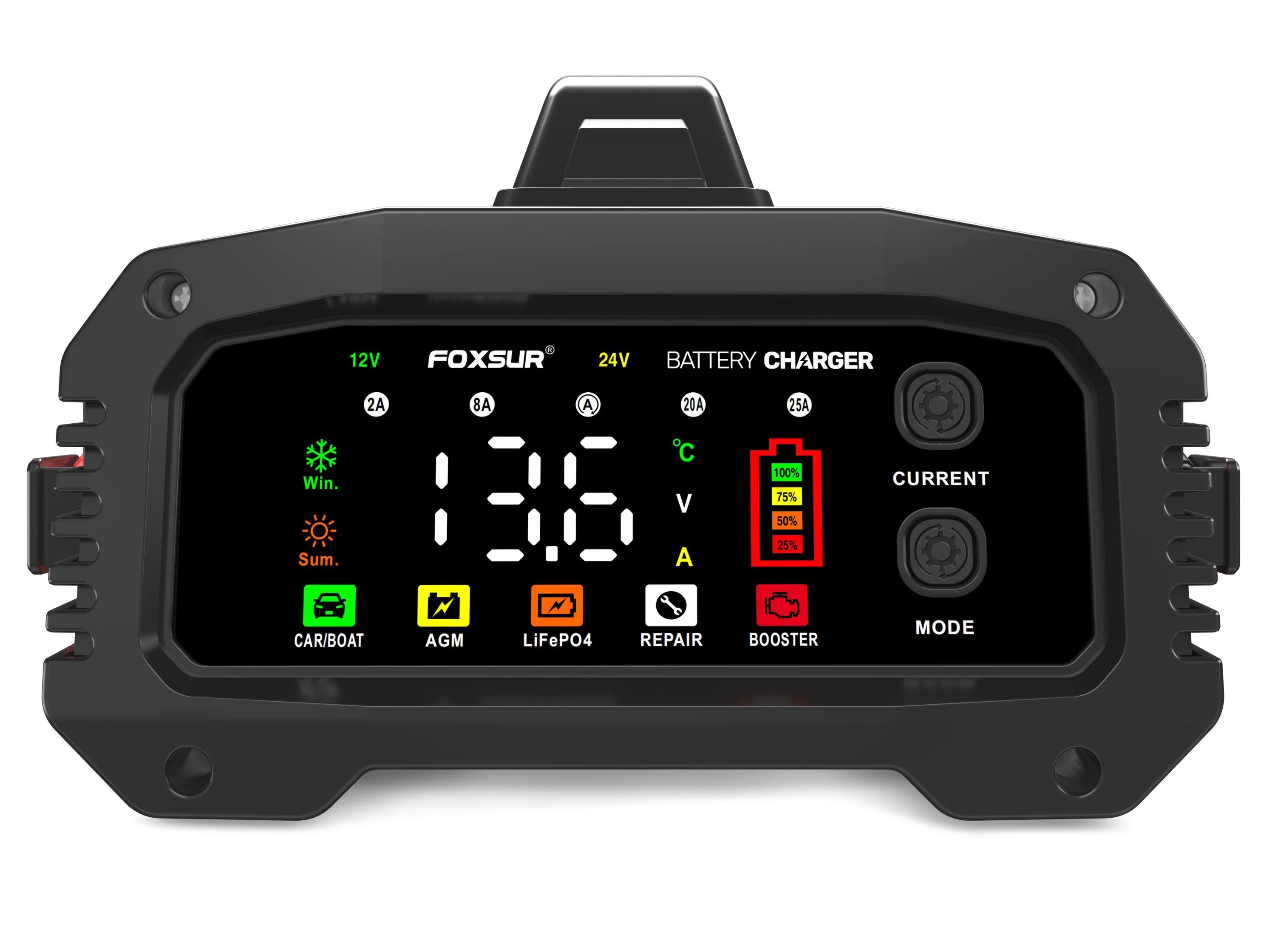 Foxsur  25A Car battery charger 12V24V automatic smart battery charger for LiFe PO4 batteries