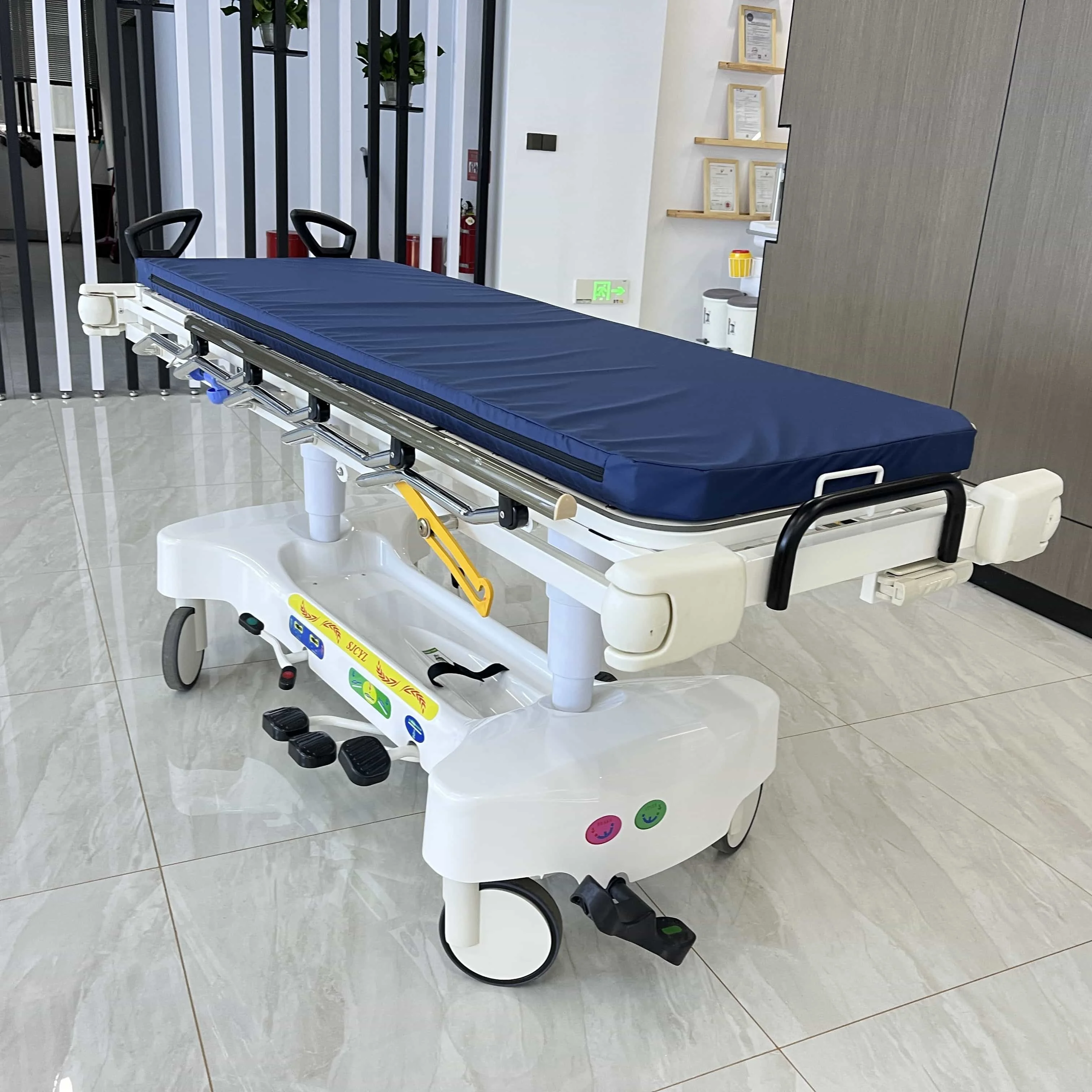 Luxurious height adjustable hospital medical hydraulic emergency 2 layers transfer patient stretcher trolley bed