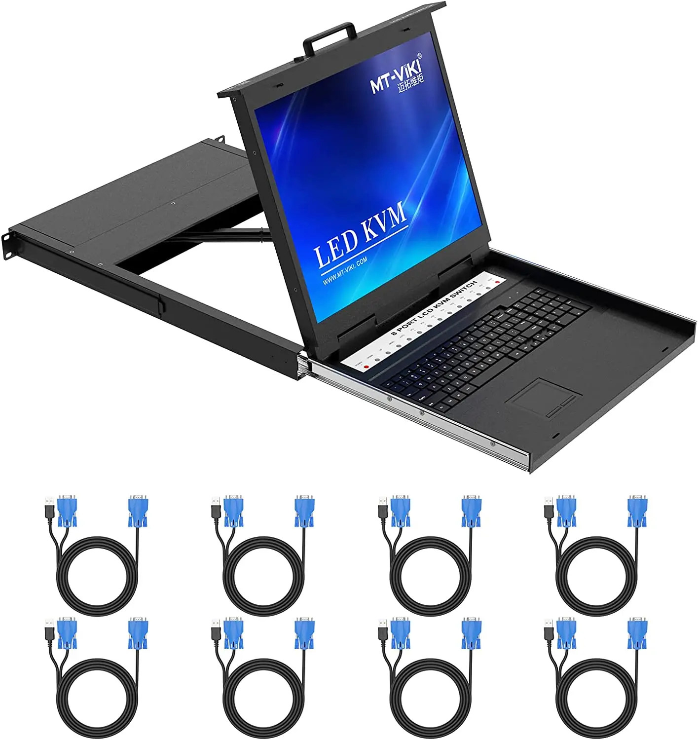 MT-VIKI 8 Port KVM Switch VGA w/ 19' LCD Monitor & 8 KVM Cable, 1280x1024 1U Rack Mount LCD KVM Console