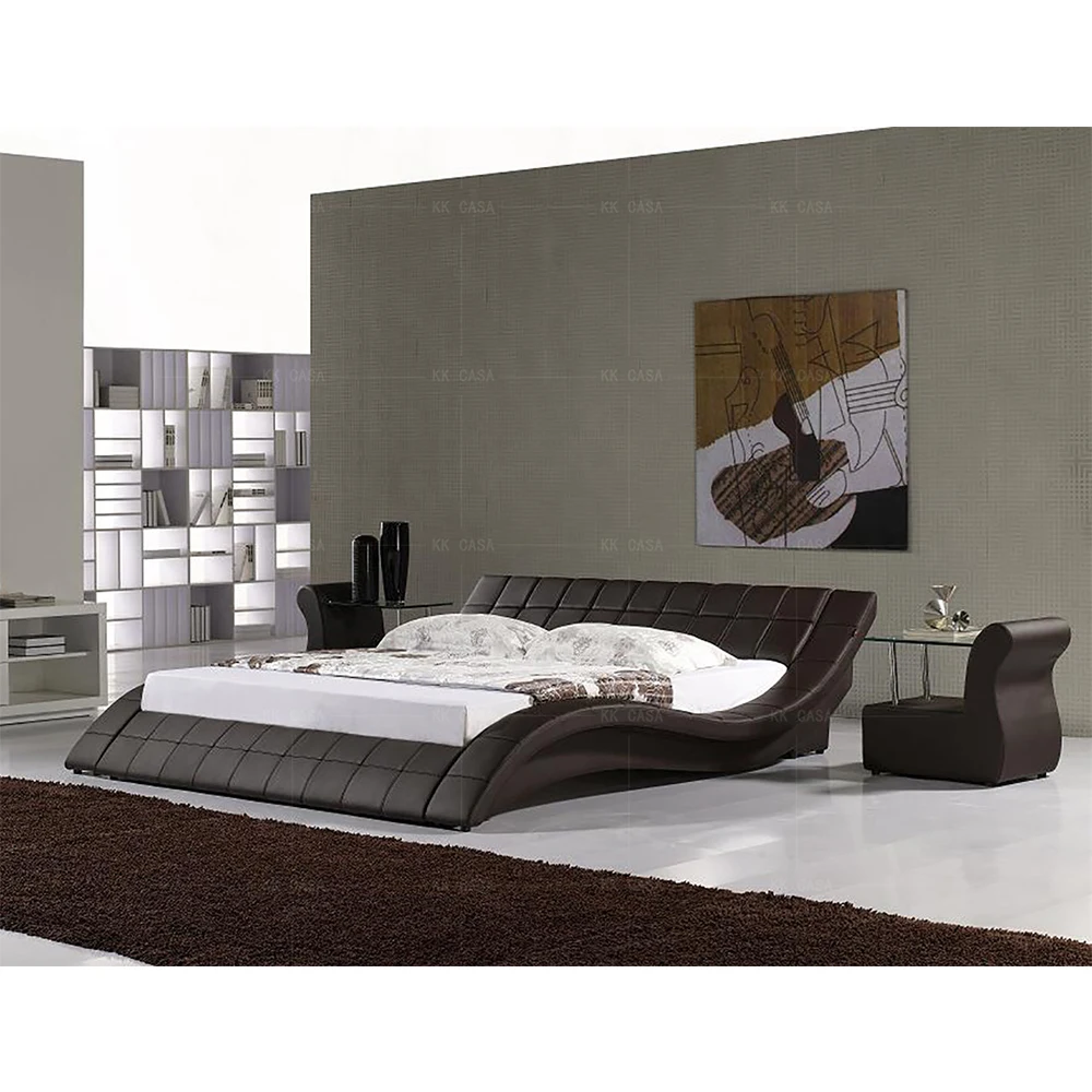 Competitive Price morden queen size Genuine leather wave shape double bed for bedroom furniture