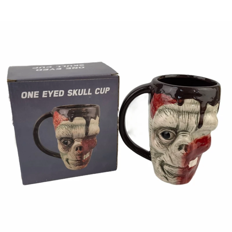 Hand painted cool skull coffee mug Halloween one eye beer mug skeleton cup sugar ceramic skull shaped cup