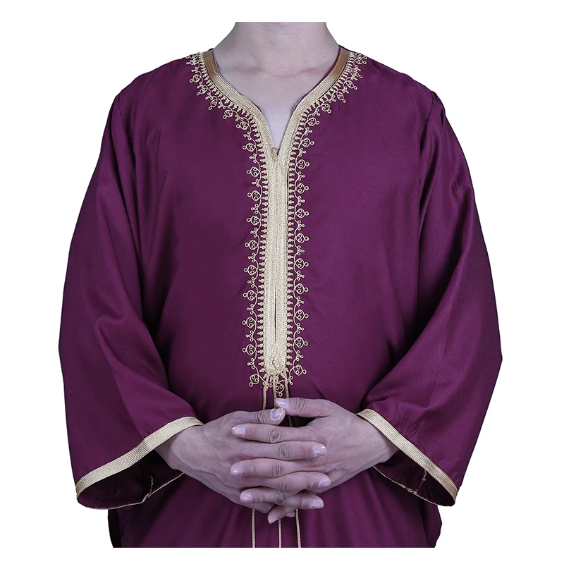 Muslim Morocco Style Modern Model Meticulous Design Delicate Decoration Exquisite Neckline Weaved Pattern Long Dress For Men