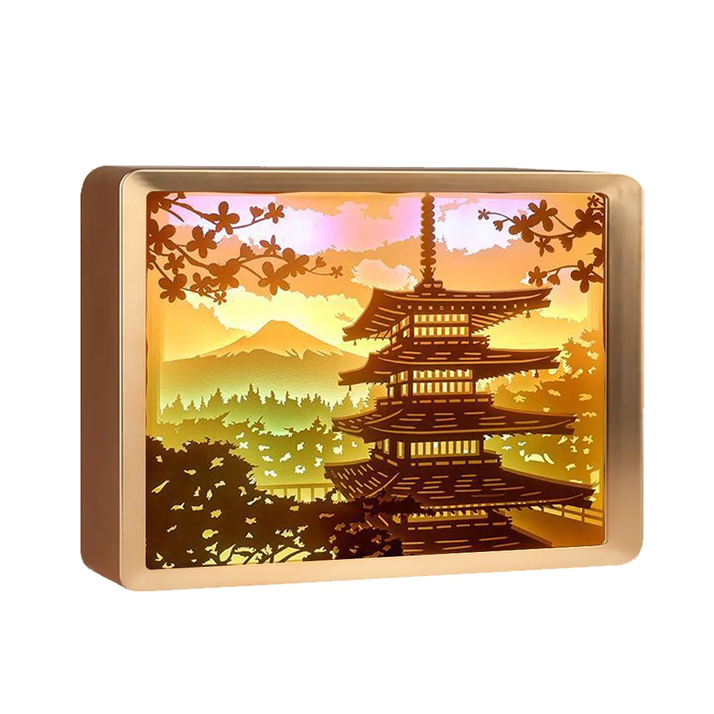 2025 Hot Sale Japanese Pagoda Landscape 3D Paper Carving Lamp  Box Holiday Gift Decorative Lamp