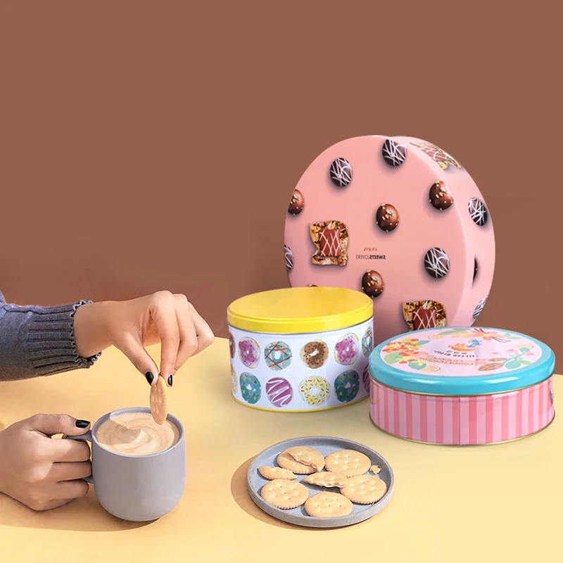 Wholesale China Factory Cookie Metal Tin Box Round Organizer Food Grade Big Round Candy Tin Can Metal Box For Cookie With Lids