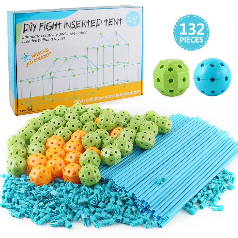 STEM Toy 132PCS Construction Fort Toys Set Children Montessori Inserting DIY Tent House Toy Indoor Large Kids Fort Building Kit