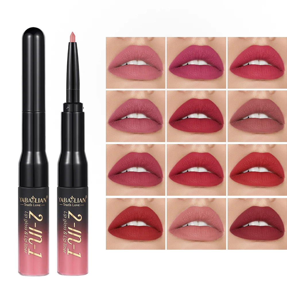2 In 1 Double Head Lipliner Lip Gloss 24 Hour Lipstick matte lipstick long lasting waterproof lip liner gloss set OEM/PODM