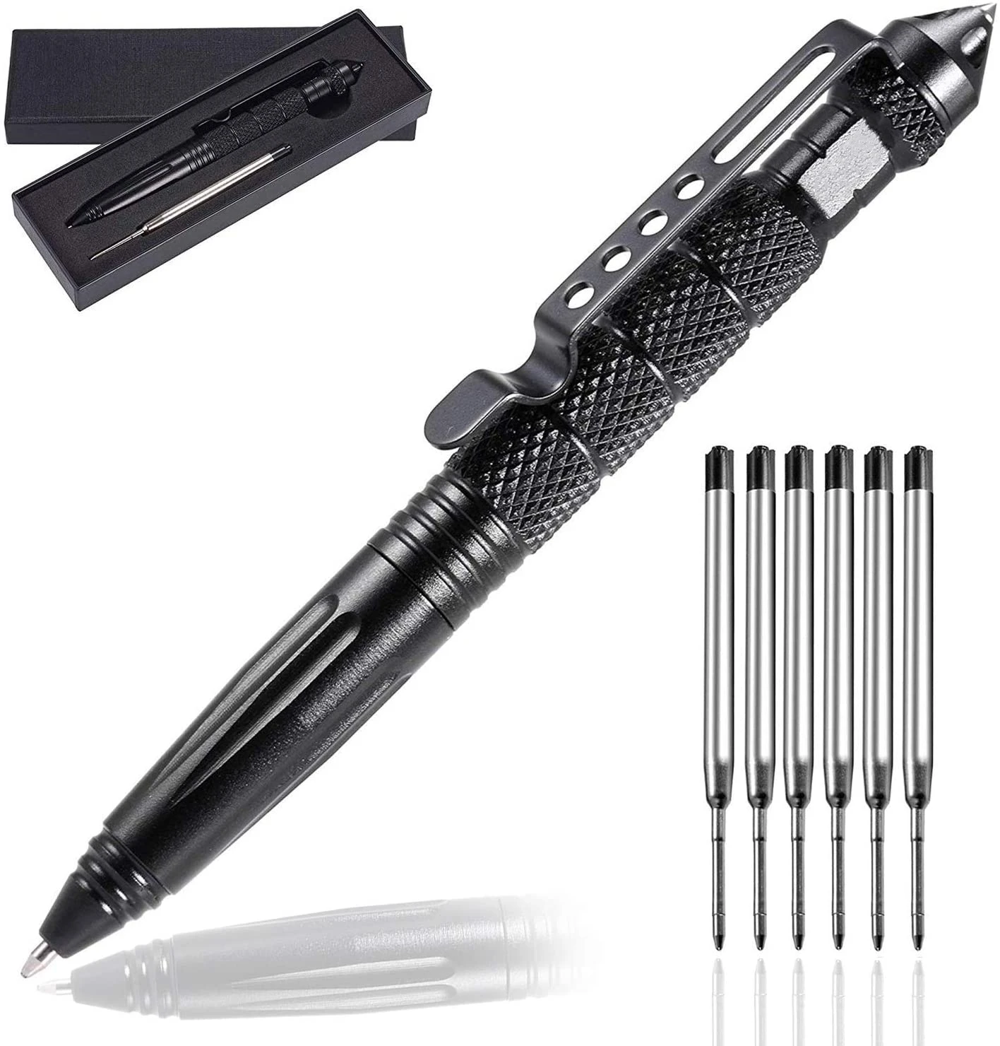 
Military Tactical Pen, Professional Self Defense Pen, Emergency Glass Breaker Pen - Tungsten Steel, Writing Tool with 6 Refill 