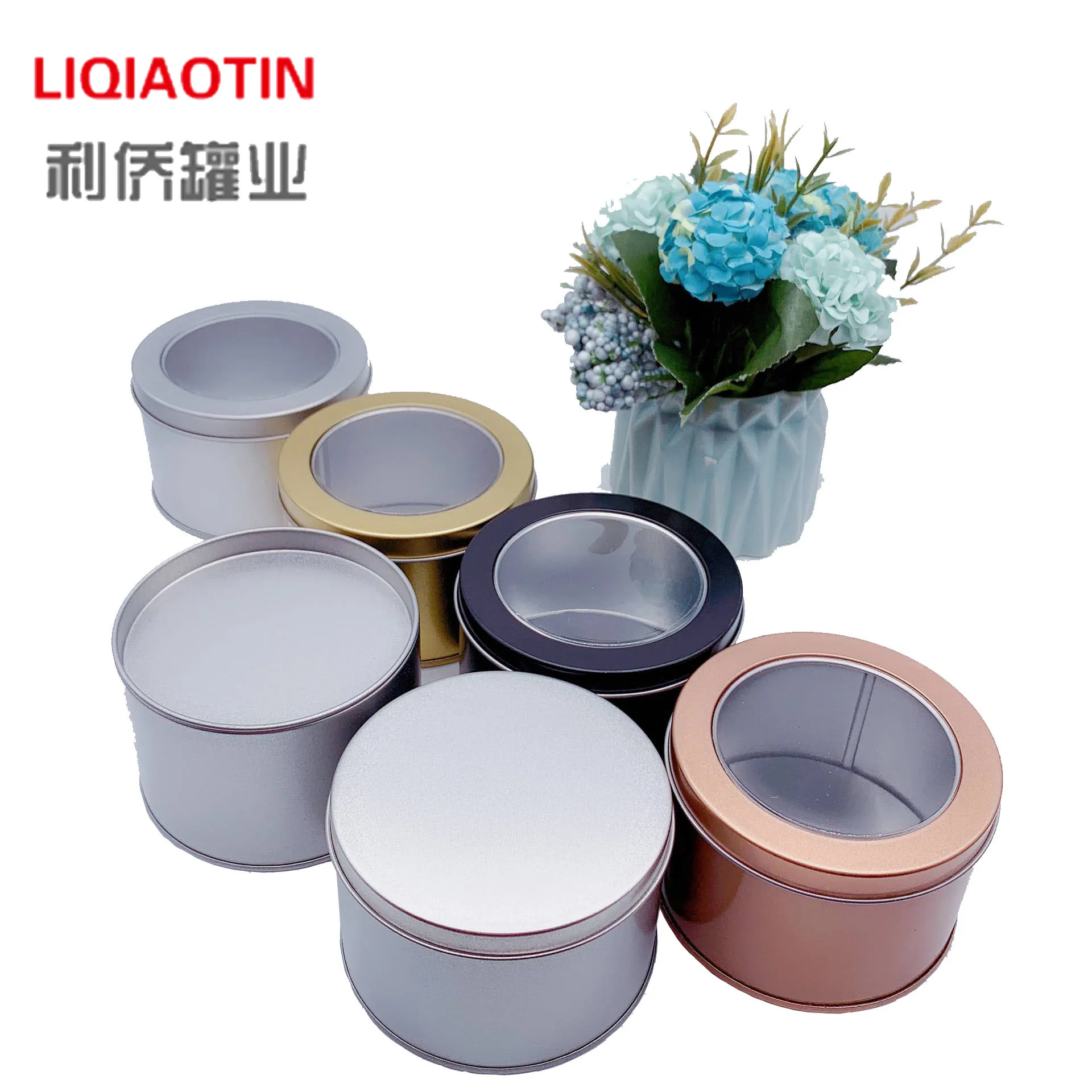 Tinplate champagne gold round 90 * 60mm open window candy tin box, tea dessert watch iron box packaging