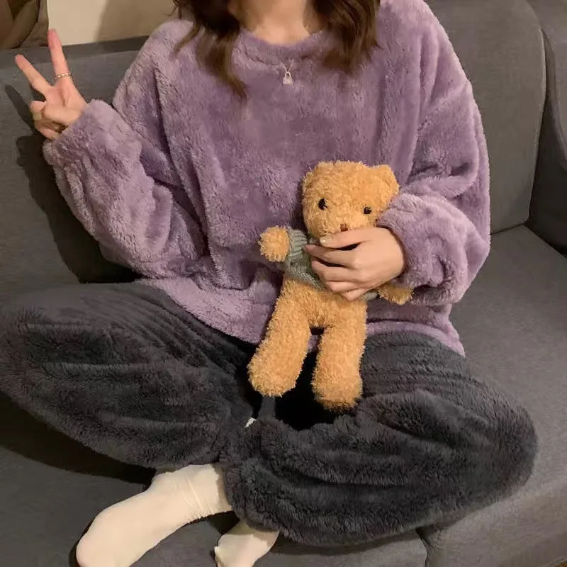 Flannel Women Sleepwear Pajamas 2 Pieces Set Pyjamas Winter Padded Velvet Thermal Pijamas Set For Women