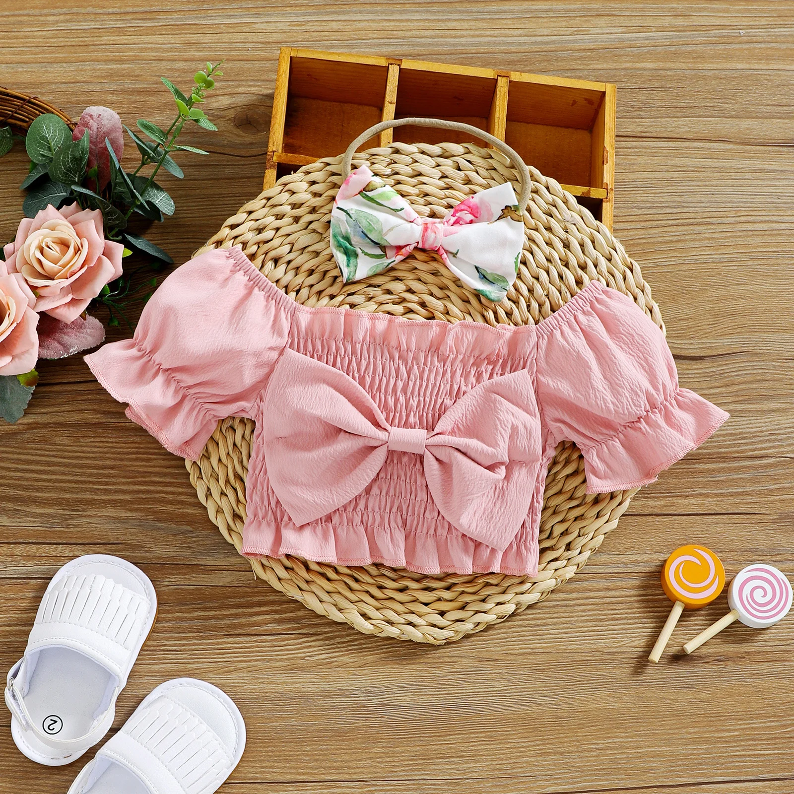 Summer Kids Girl Clothing Set For 3-4 Years Bubble Sleeve Shirts Shorts Sets Letter Printed Knit Puff Sleeve Shirts+Shorts