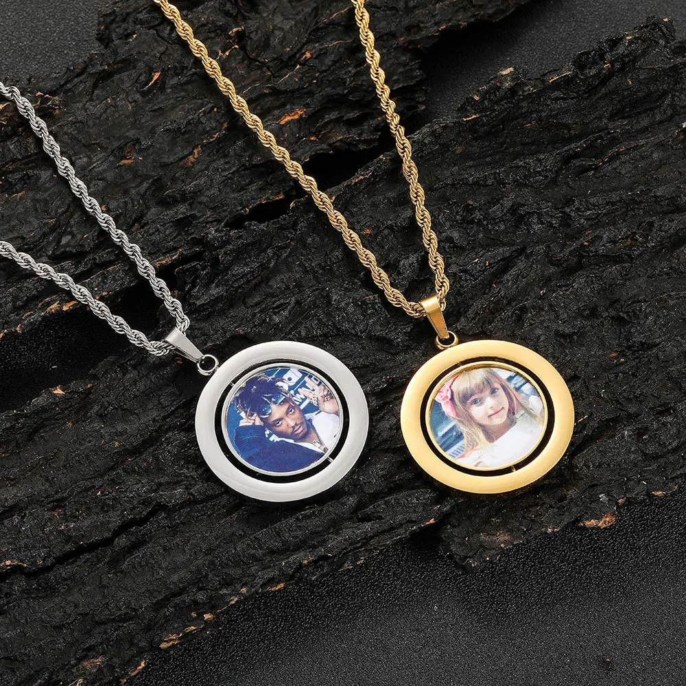 Hip Hop Stainless Steel Double-Sided Rotating Circular Photo Pendant DIY Creative Photo Frame Necklace Jewelry