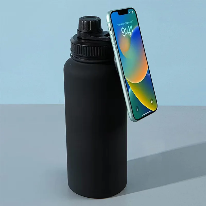 1L large capacity outdoor sports Stainless Steel water bottle with magnetic cell phone holder