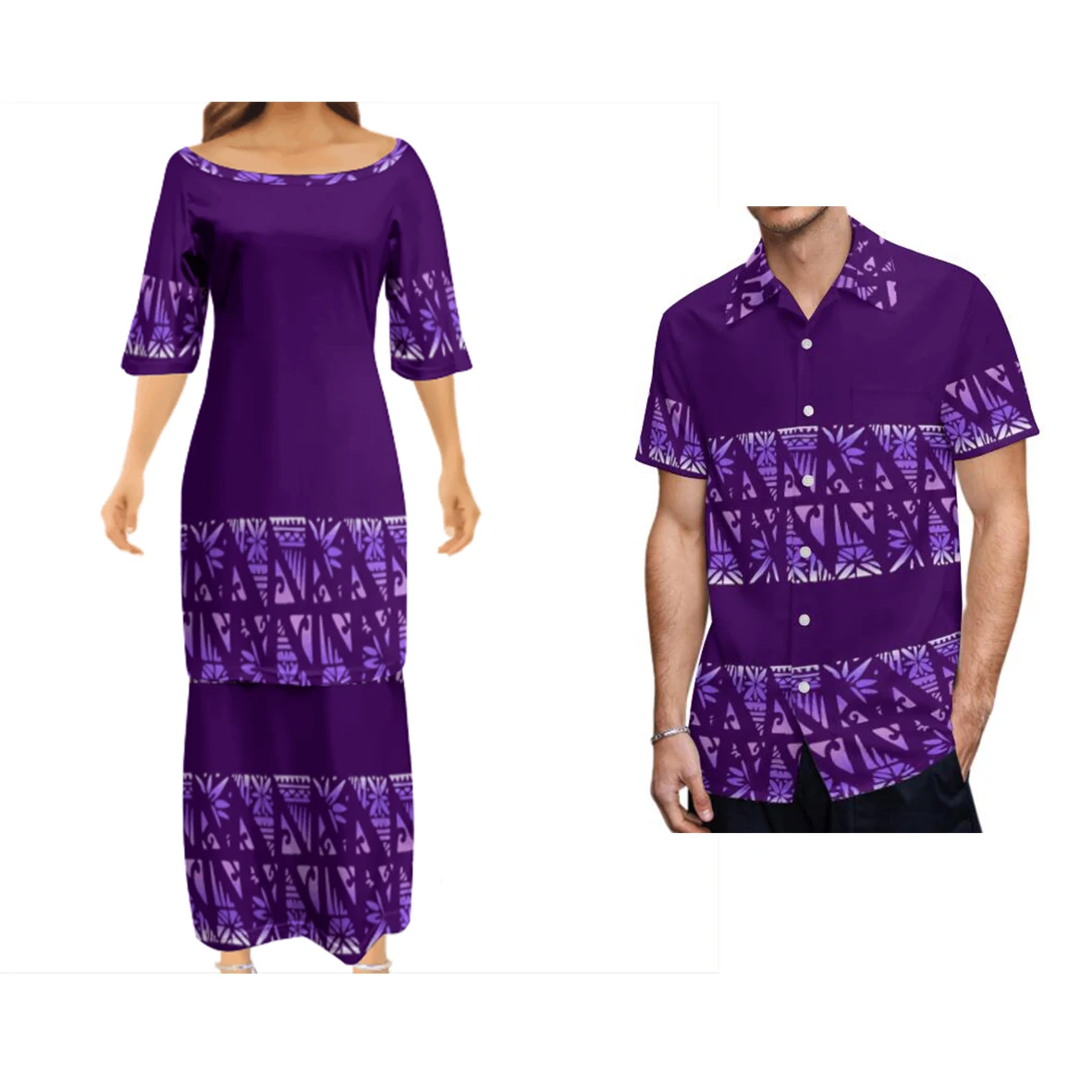 No Minimum Pacific Island Art Breathable Lady Puletasi Dresses And Men Aloha Shirt Tonga Polynesian Tattoo Designs Couple Suit