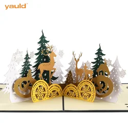 Wholesale Laser Cut Luxury Elk Holiday Merry Christmas Pop-up Pop Up Greeting Cards with Envelopes