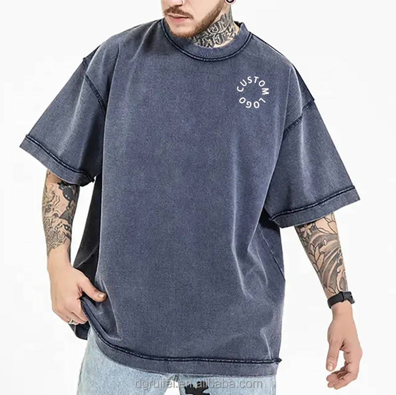 OEM Custom Logo T Shirt 100% Cotton Heavyweight Drop Shoulder Bleach Acid Washed Vintage Men Oversize Cut And Sew Tshirt