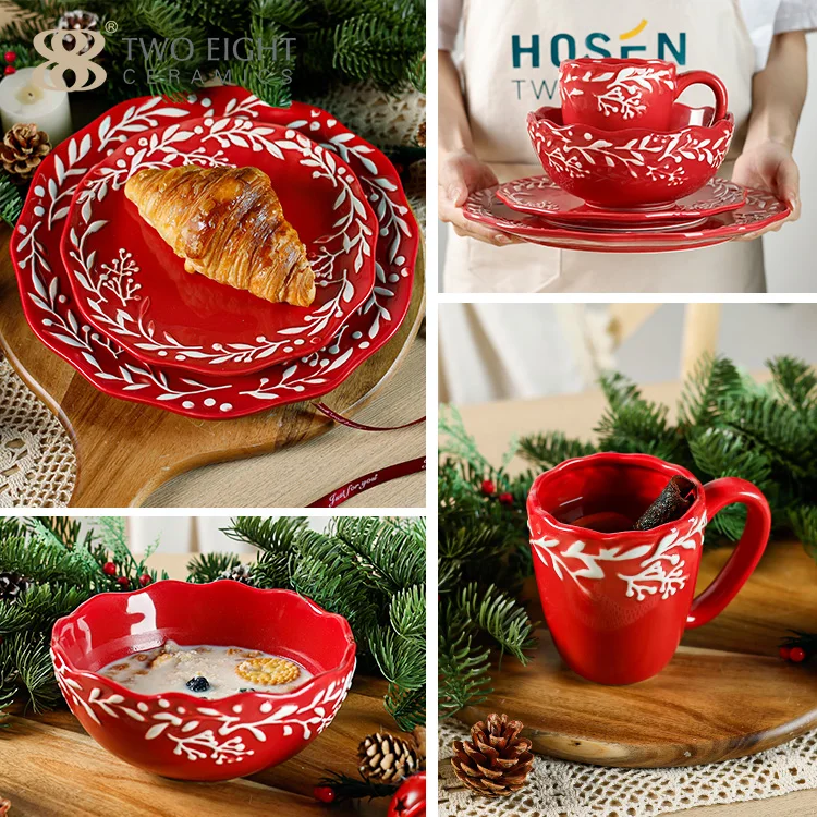 Red Flower Rim Design 16 pcs Christmas Dinnerware Set for 4 person Hote Sale Porcelain Plate Set Dinnware Ceramic Dish Plate Set