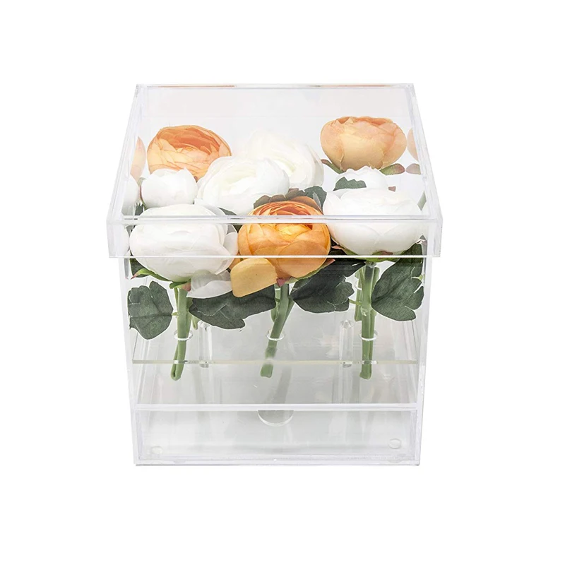 New Design Wholesale  Fresh Set Custom Transparent Square Luxurious Gift Delicate Appearance Acrylic Rose Flower Box With Drawer