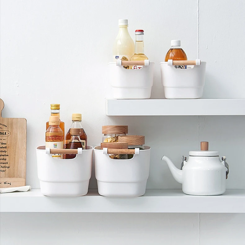 Hot Selling PP Plastic Household Sundries Snacks Books Toys Clothes Storage Box Organizer with Wooden Handle