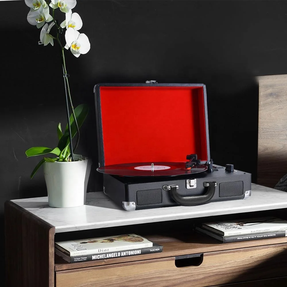 Manufacture wholesale portable turntable gramophone black luggage wireless record player