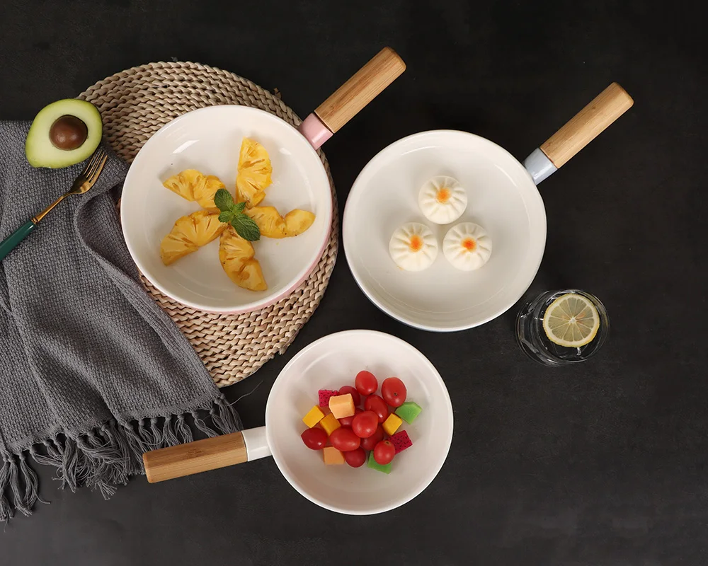 white blue pink round  fine bone china with wooden handle everyday use Food tray deep plate