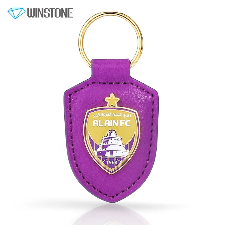 Custom Padded Shield Genuine Leather Key Fobs with Hard Enamel Metal Tags for Football Team Club