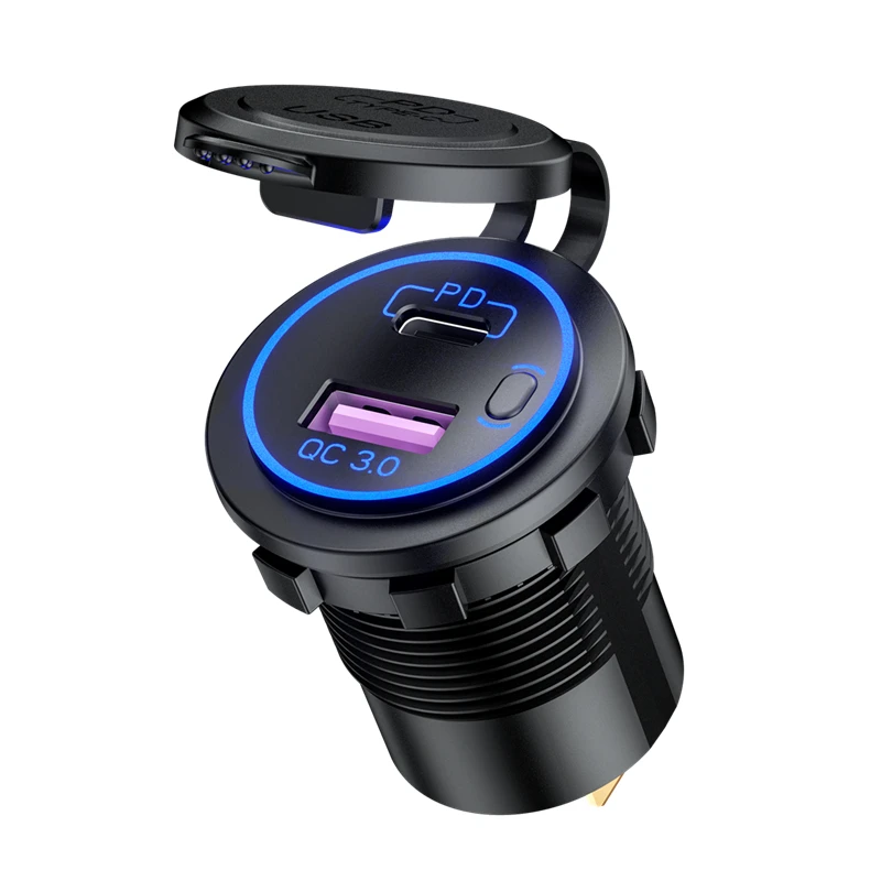 Fast Car Charger Equipped with USB-C PD and USB-A QC 3.0 On-Board Charger Socket Power Outlet with LED Switch
