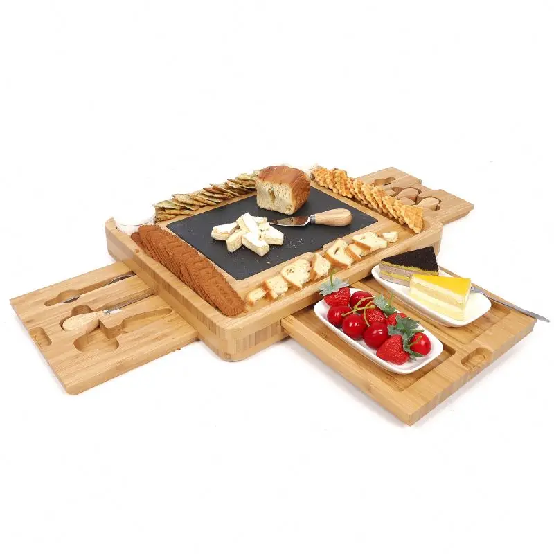 
Bamboo Wine Cheese Serving Tray Handles Plus Drawer Cheese Knives cutting stone board kitchen chop board with black stone 