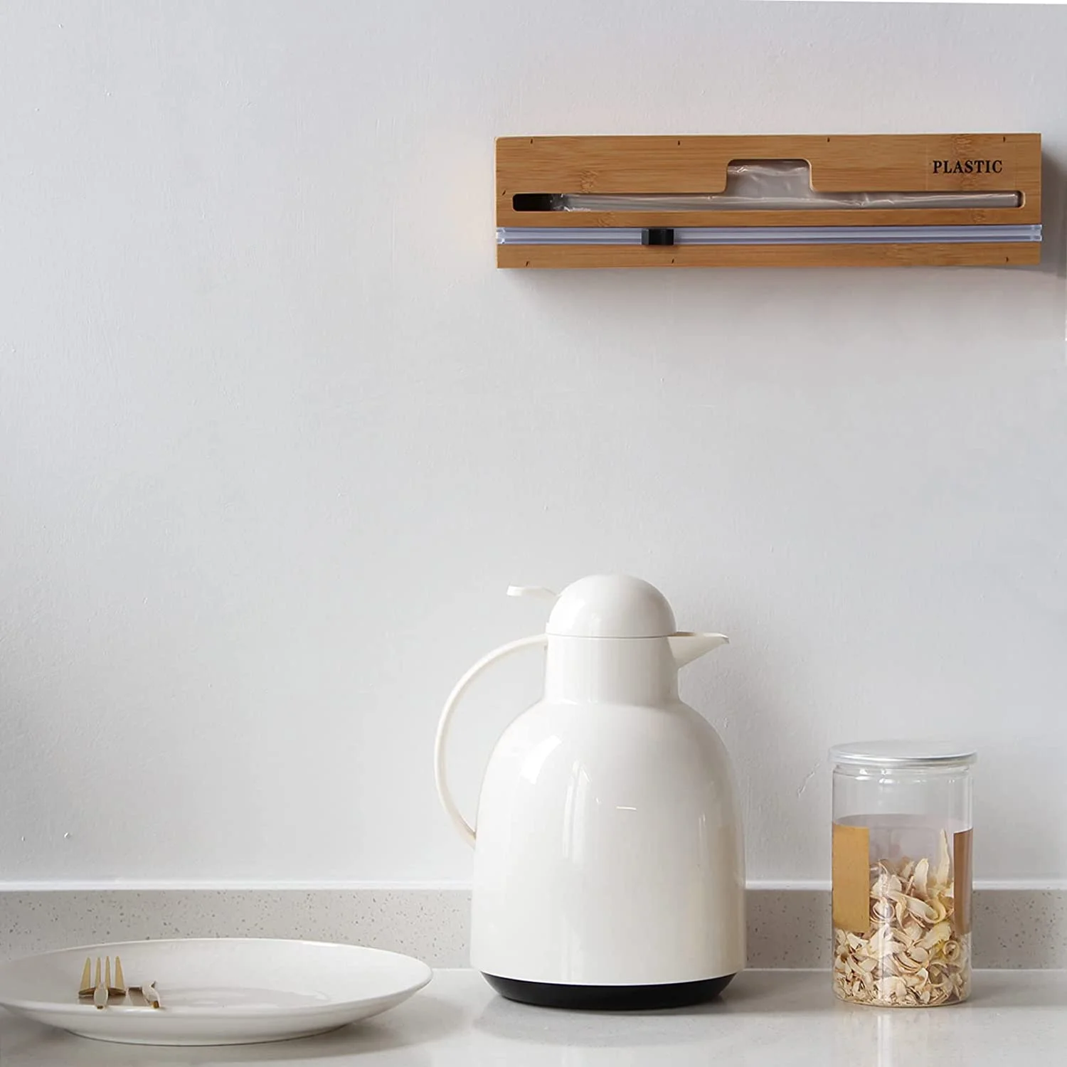 2022 Kitchen Usage Bamboo Wrap Holder Dispenser with Cutter Plastic Wrap, Aluminum Foi Roll Organization Storage Holder