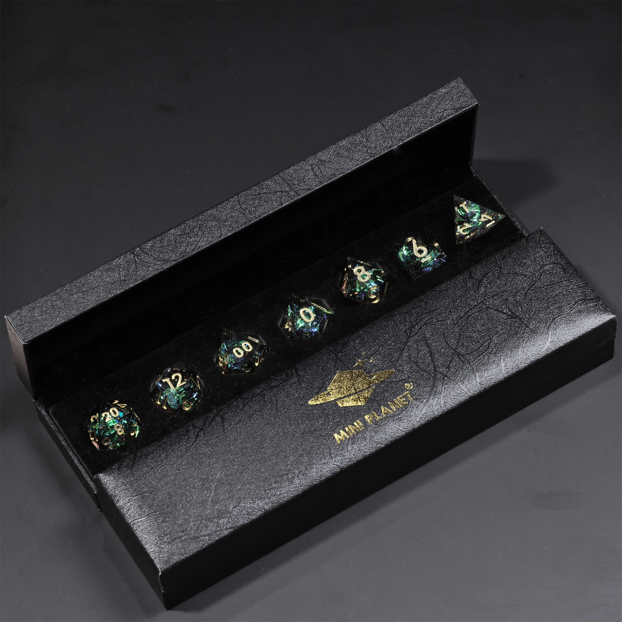 MINI PLANET Colored Galaxy DND Dice Set Polyhedral Resin Dice  with Sharp Edges For TRPG Wholesale Custom DND Dice Set Games