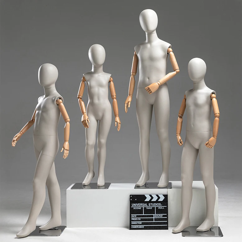 New Fashion Factory Price Grey Fiberglass Kids Mannequin with Wood Flexible Arms Children Clothing Store Window Body Mannequins