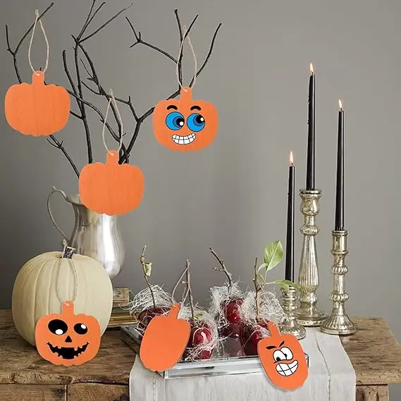 Orange Pumpkin Wood Cutouts Crafts 4Inch Wooden Pumpkin Shaped Hanging Ornaments with Hole