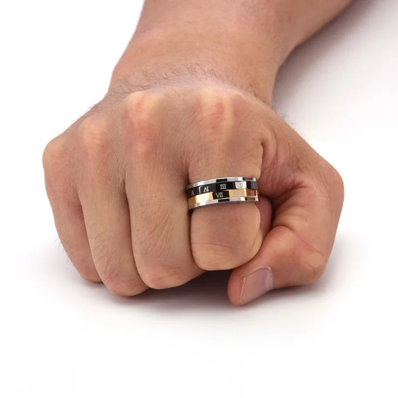 8mm titanium steel ring silver gold black three color Roman numerals rotatable stainless steel ring finger rings 597