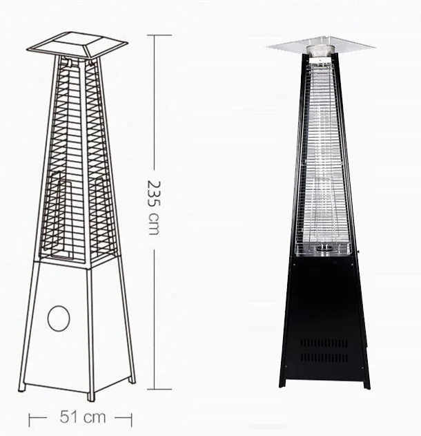 Custom 48000 BTU Flame Patio Heater Stainless Steel Wheels Outdoor Fabrication Services Featuring Glass Tube Tower Propane Cover