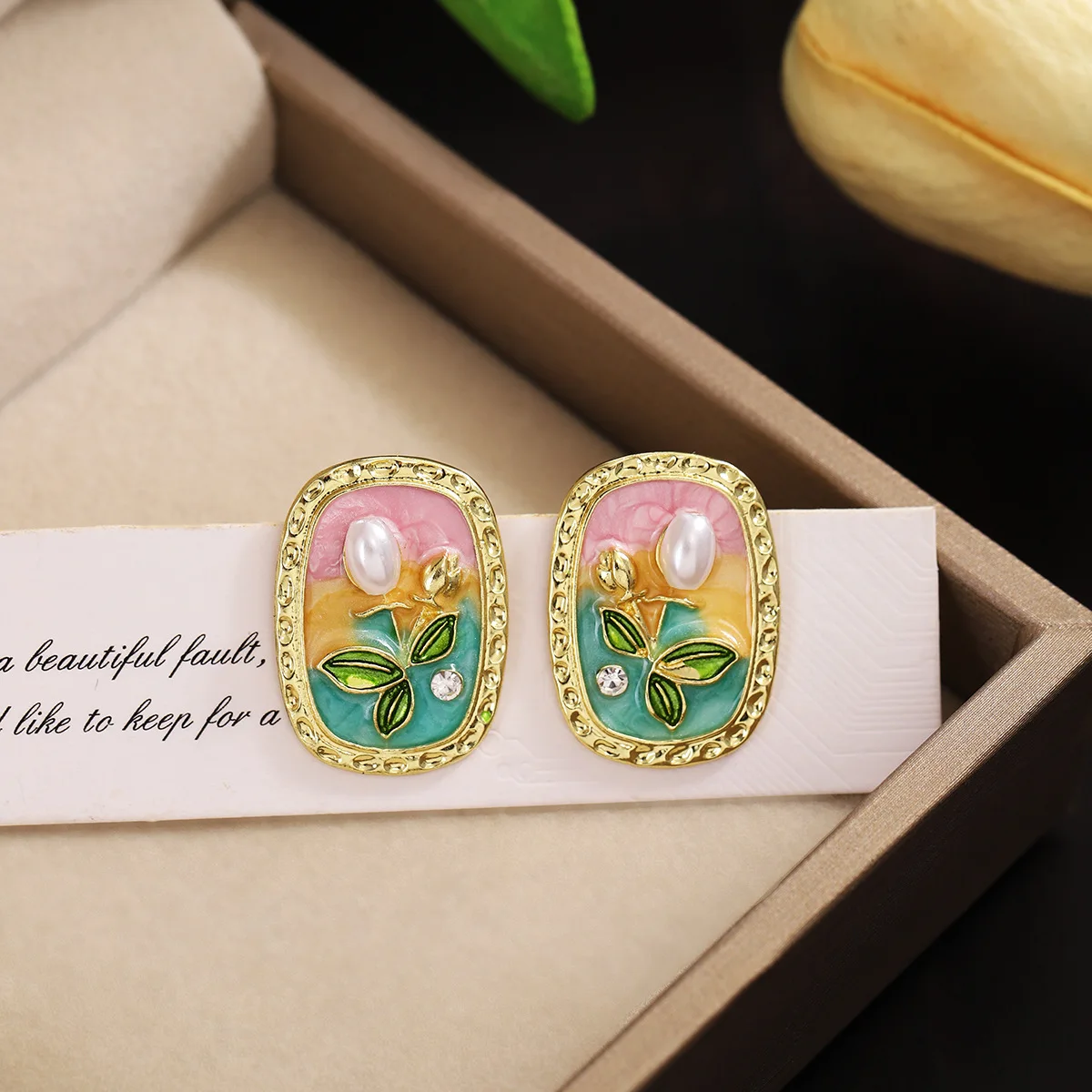 925 silver needle summer oil painting oval drop flower earrings ladies retro Pearl earrings