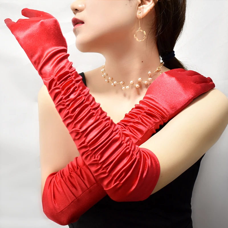 Women Party Gloves Long Sleeve Wrinkled Black White Satin Fabric Lady Fashion Beauty Glove for Party