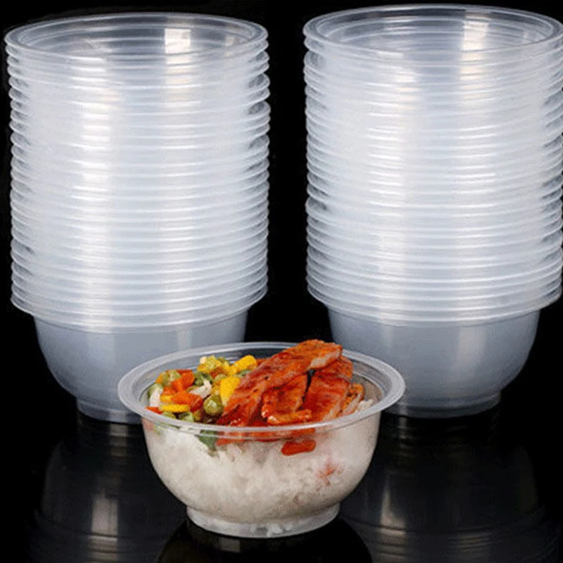 Disposable Plastic Leak-proof Heat Resistant Transparent Round Takeaway Food Bowl Container With Lids