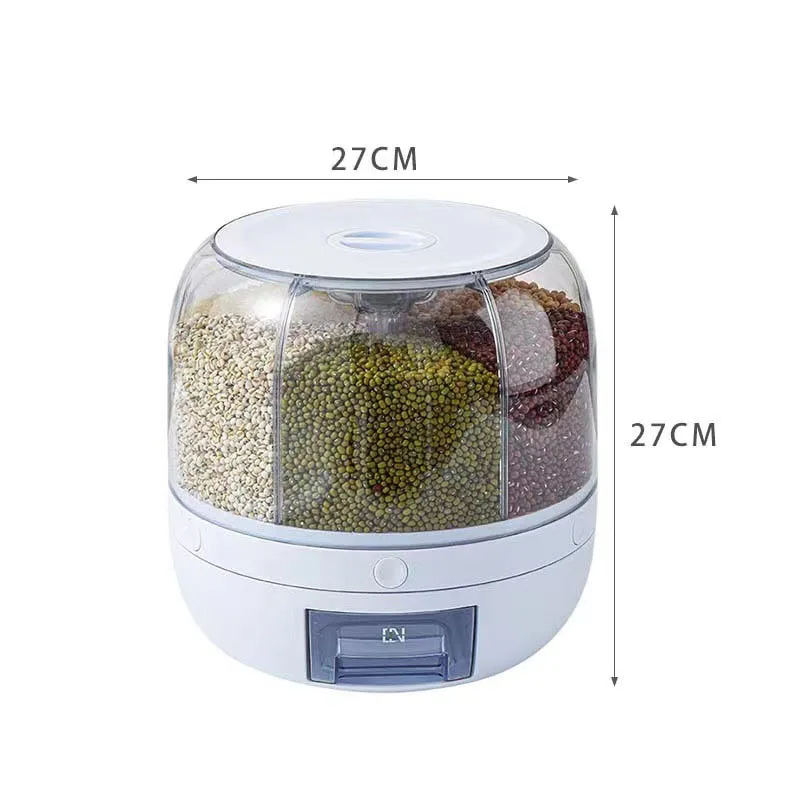 Kitchen Storage Container Box Rotating Dry Food Rice Dispenser 6-Grid Rotary Grain Buckets Rice Container Storage With Lid