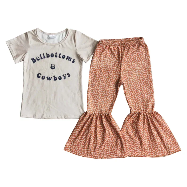 Cow Print Bell Bottoms Set  Cowboy Letter Print  Baby Cute Outfit Cowboy Letter Print Clothes Western Clothes