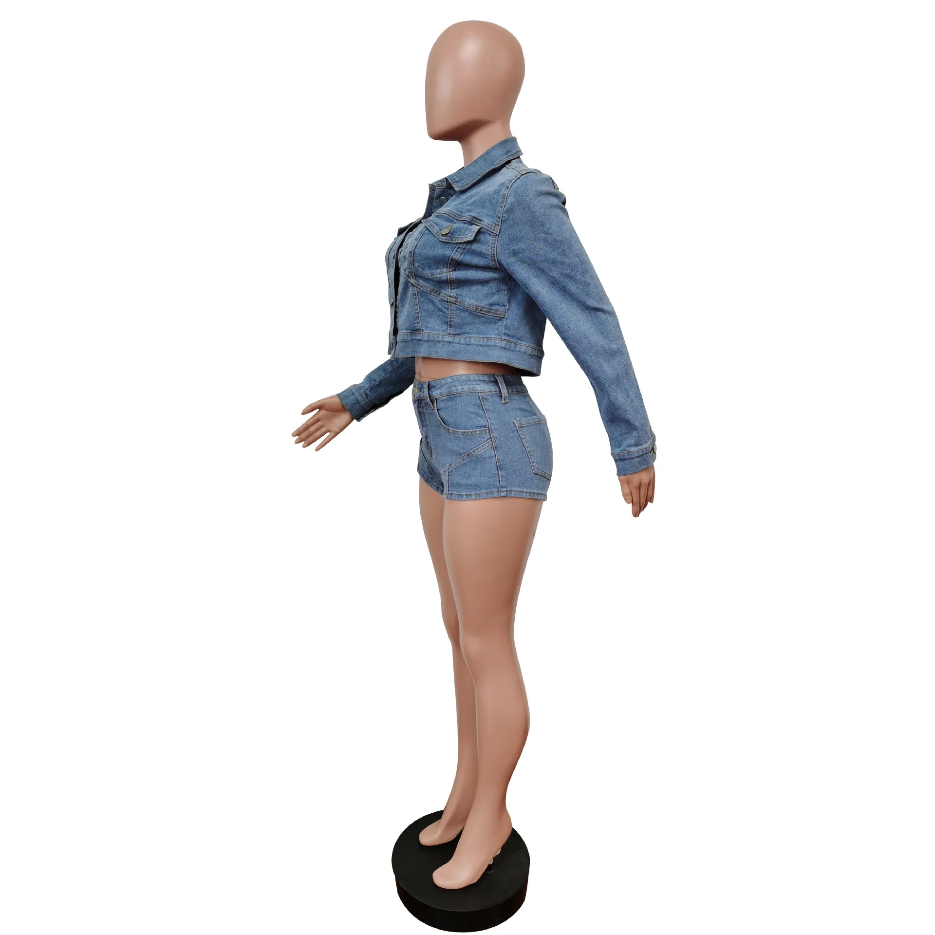 vintage y2k clothing 2022 women ladies denim clothing casual blue long sleeve button cropped denim jean jacket denim shorts set