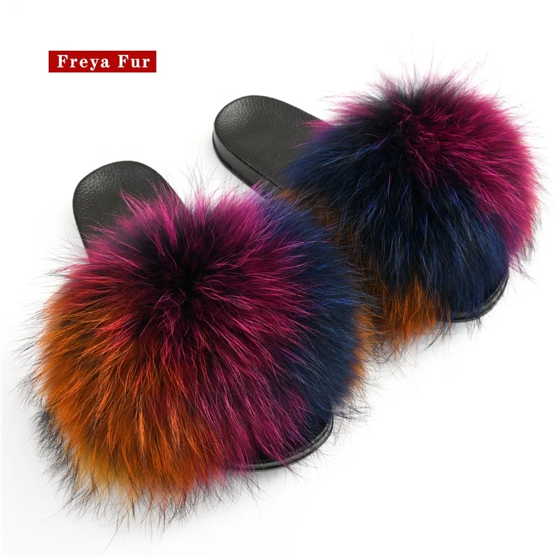 
Designer Luxury Fur Slides Logo Custom Fluffy Rainbow Real Raccoon Fur Slides 